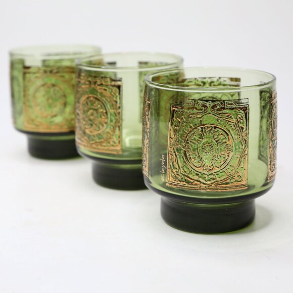 VINTAGE Libbey Elcyda Glasses SET of 3 Green Gold MCM Rocks Barware Old Fashione - Picture 10 of 11